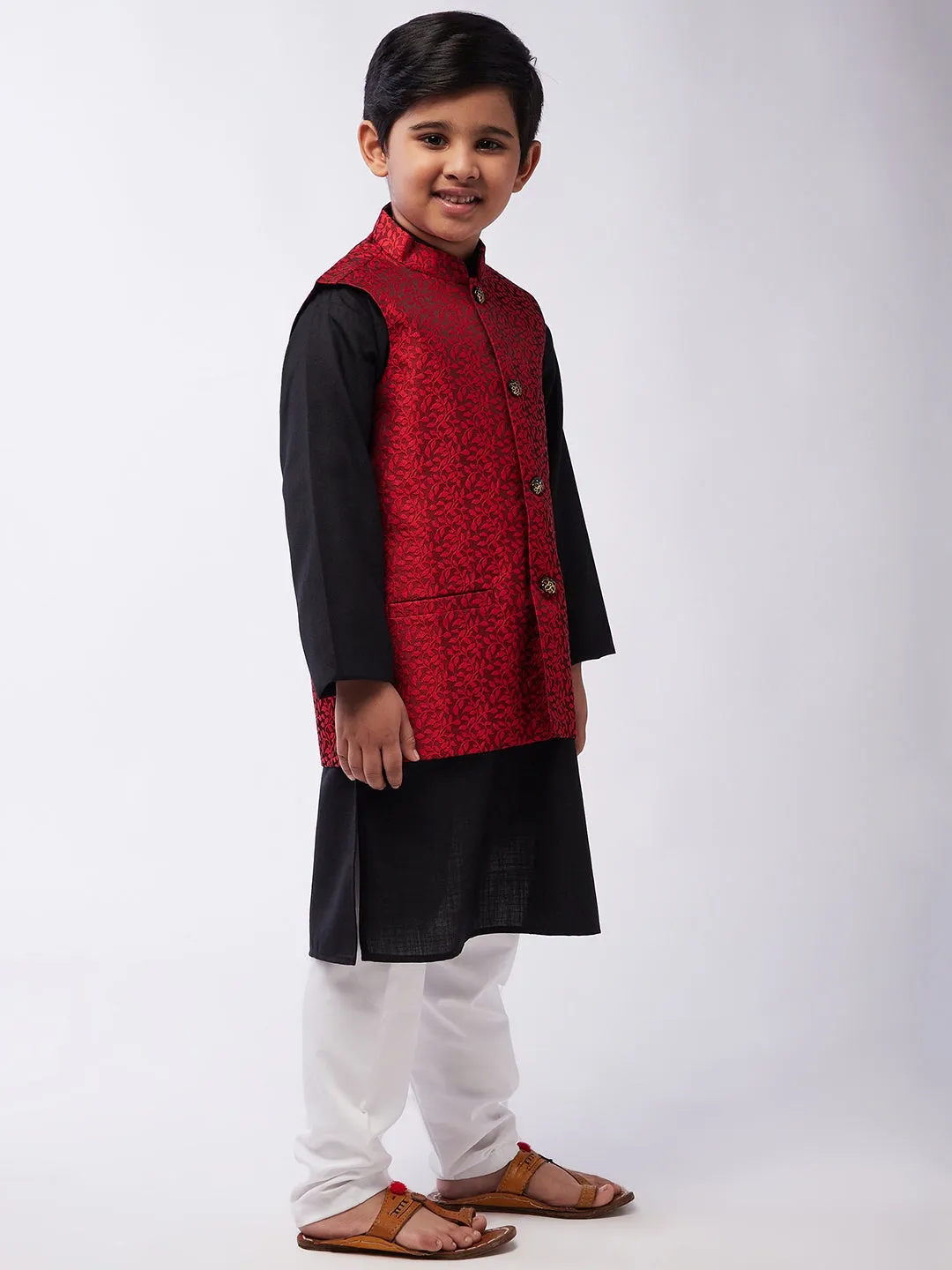 Kid's Cotton Silk Black Kurta & Red Nehrujacket With White Churidar Pyjama Set  - Sojanya KID