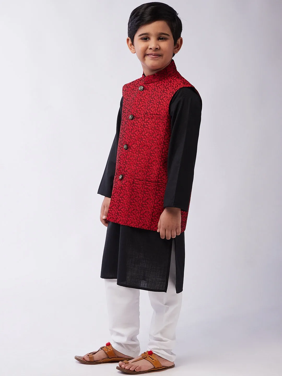 Kid's Cotton Silk Black Kurta & Red Nehrujacket With White Churidar Pyjama Set  - Sojanya KID