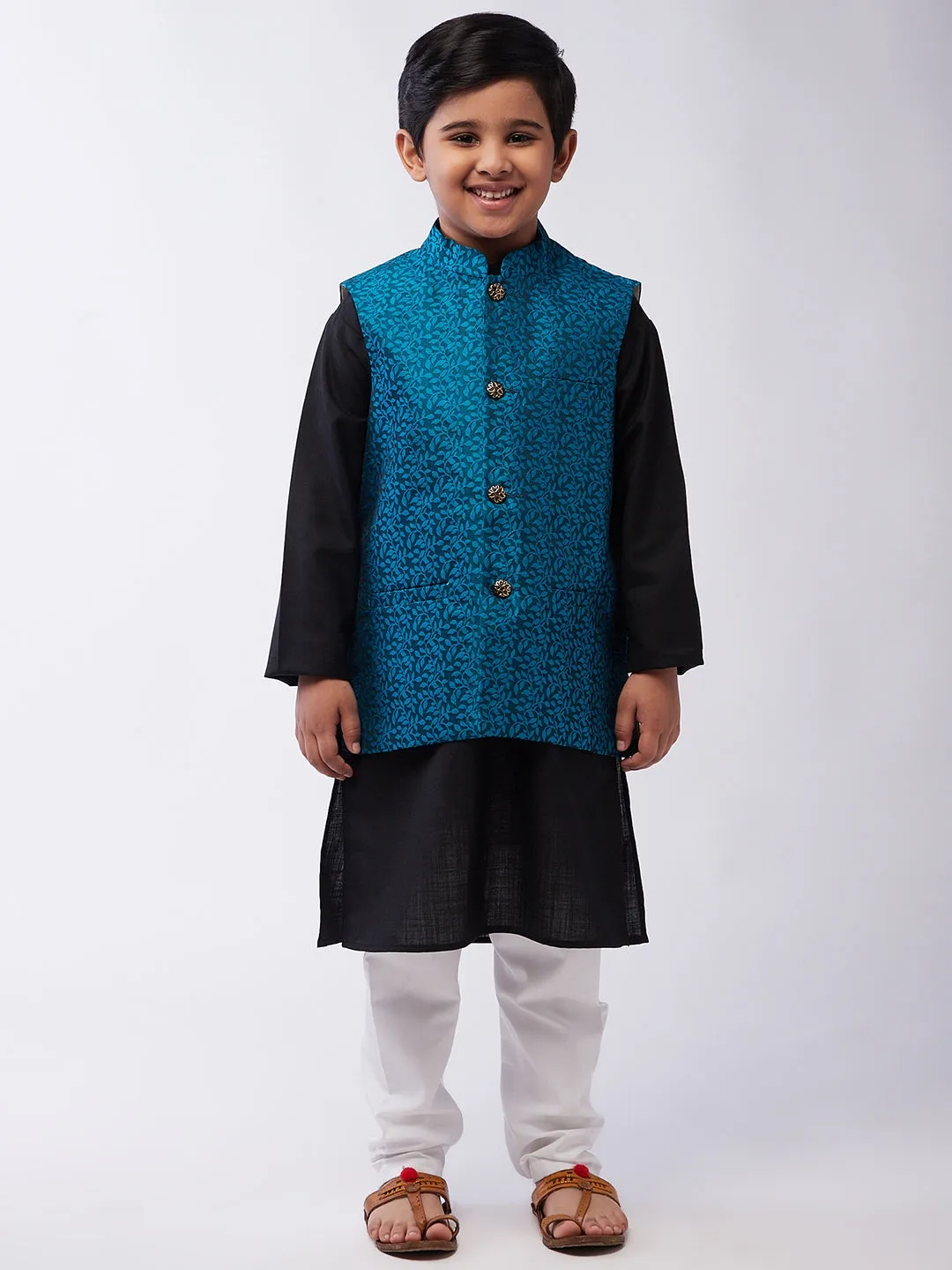 Kid's Cotton Silk Black Kurta & Turquoise Blue Nehrujacket With White Churidar Pyjama Set  - Sojanya KID