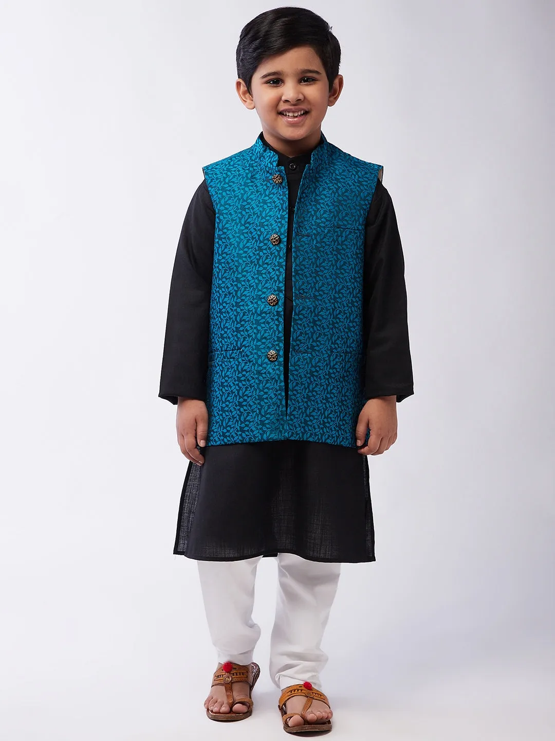 Kid's Cotton Silk Black Kurta & Turquoise Blue Nehrujacket With White Churidar Pyjama Set  - Sojanya KID