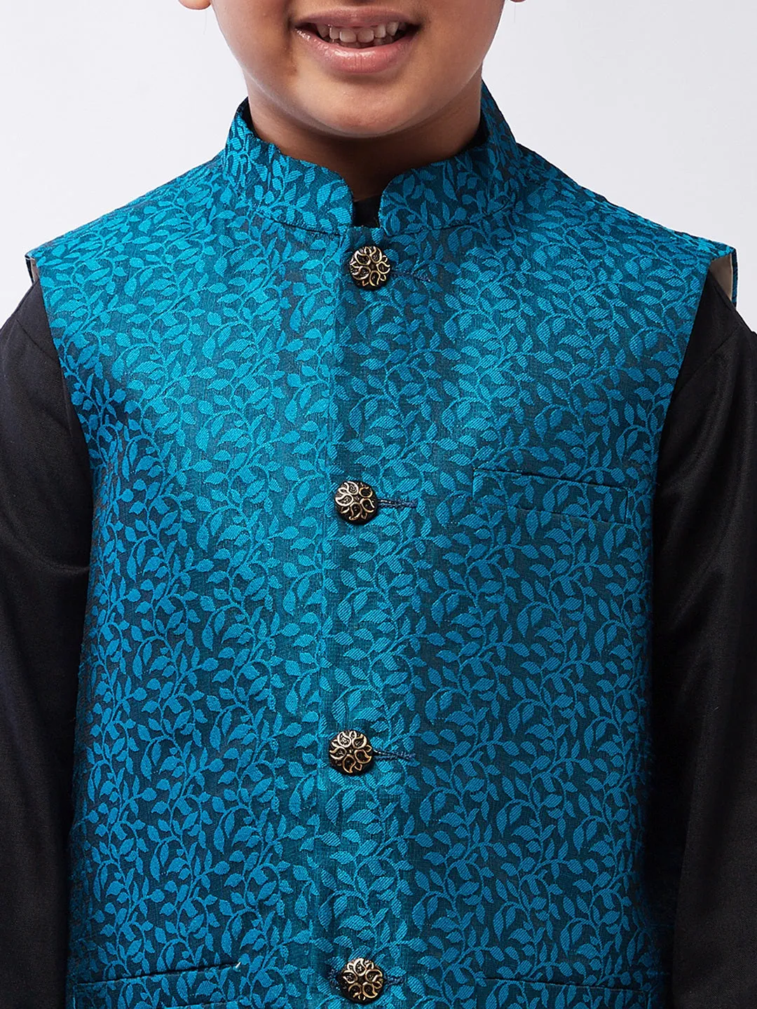 Kid's Cotton Silk Black Kurta & Turquoise Blue Nehrujacket With White Churidar Pyjama Set  - Sojanya KID