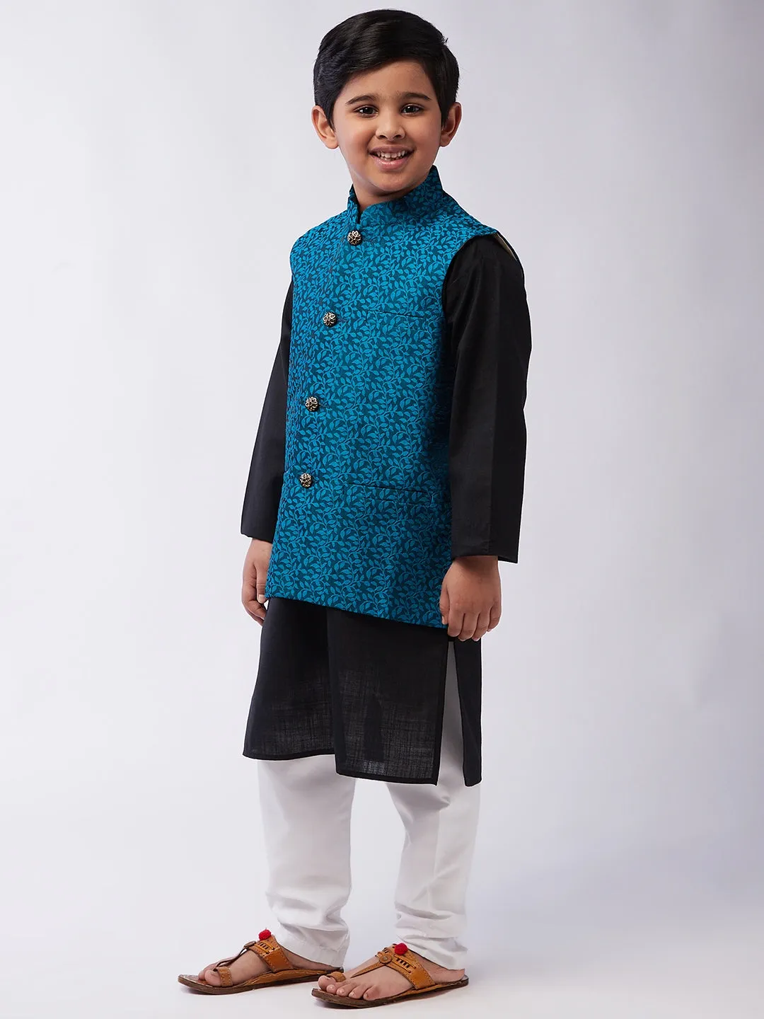 Kid's Cotton Silk Black Kurta & Turquoise Blue Nehrujacket With White Churidar Pyjama Set  - Sojanya KID