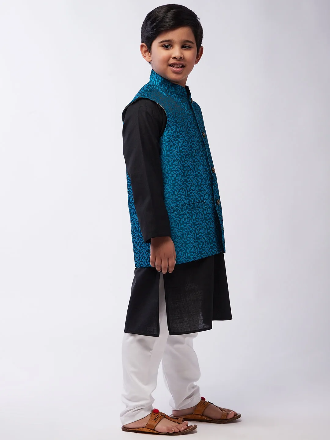 Kid's Cotton Silk Black Kurta & Turquoise Blue Nehrujacket With White Churidar Pyjama Set  - Sojanya KID