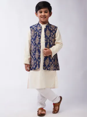 Kid's Cotton Silk Off-White Kurta & Blue Nehru Jacket With White Churidar Pyjama Set - Sojanya KID