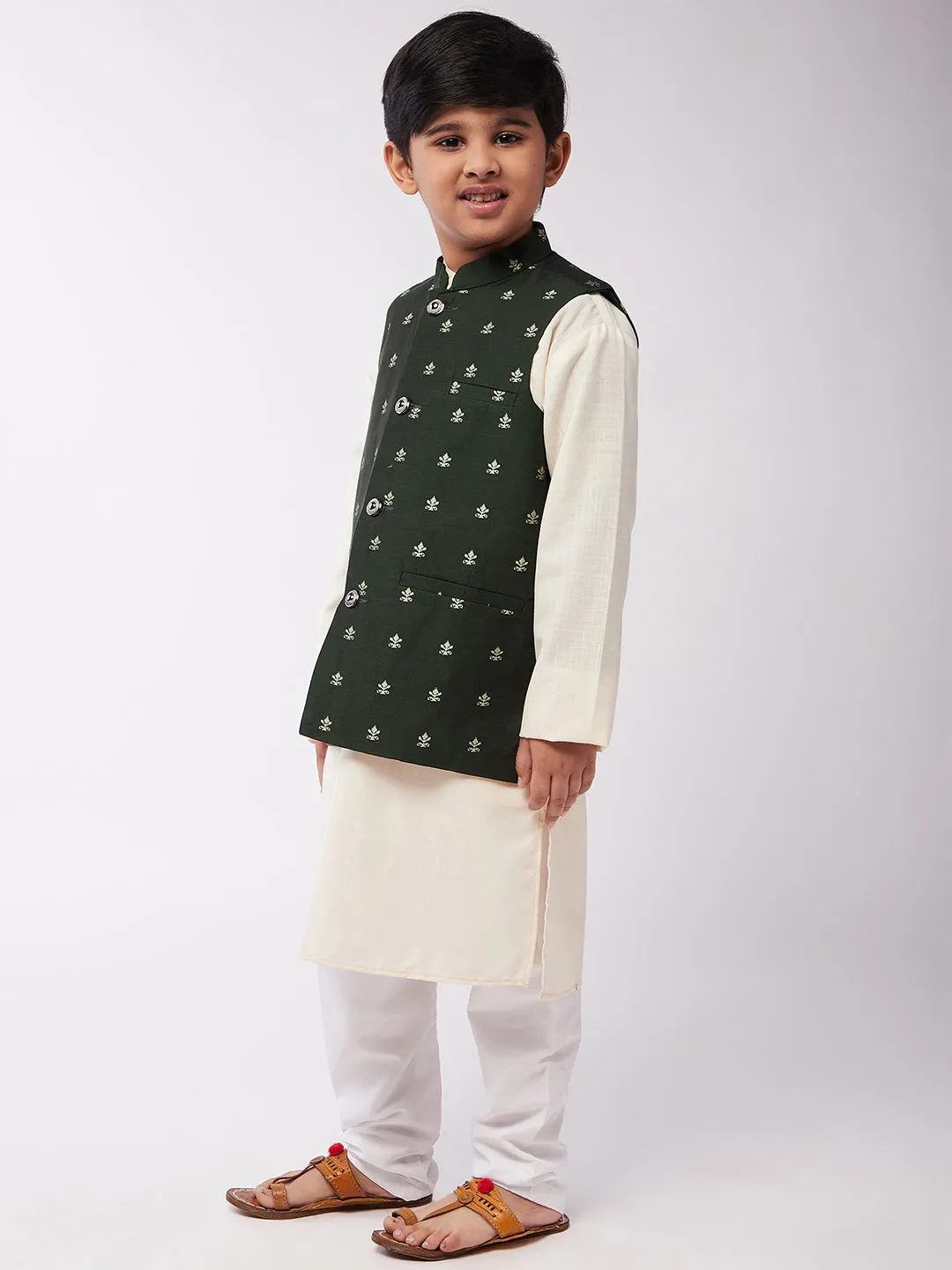 Kid's Cotton Silk Off-White Kurta & Dark Green Nehru Jacket With White Churidar Pyjama Set - Sojanya KID