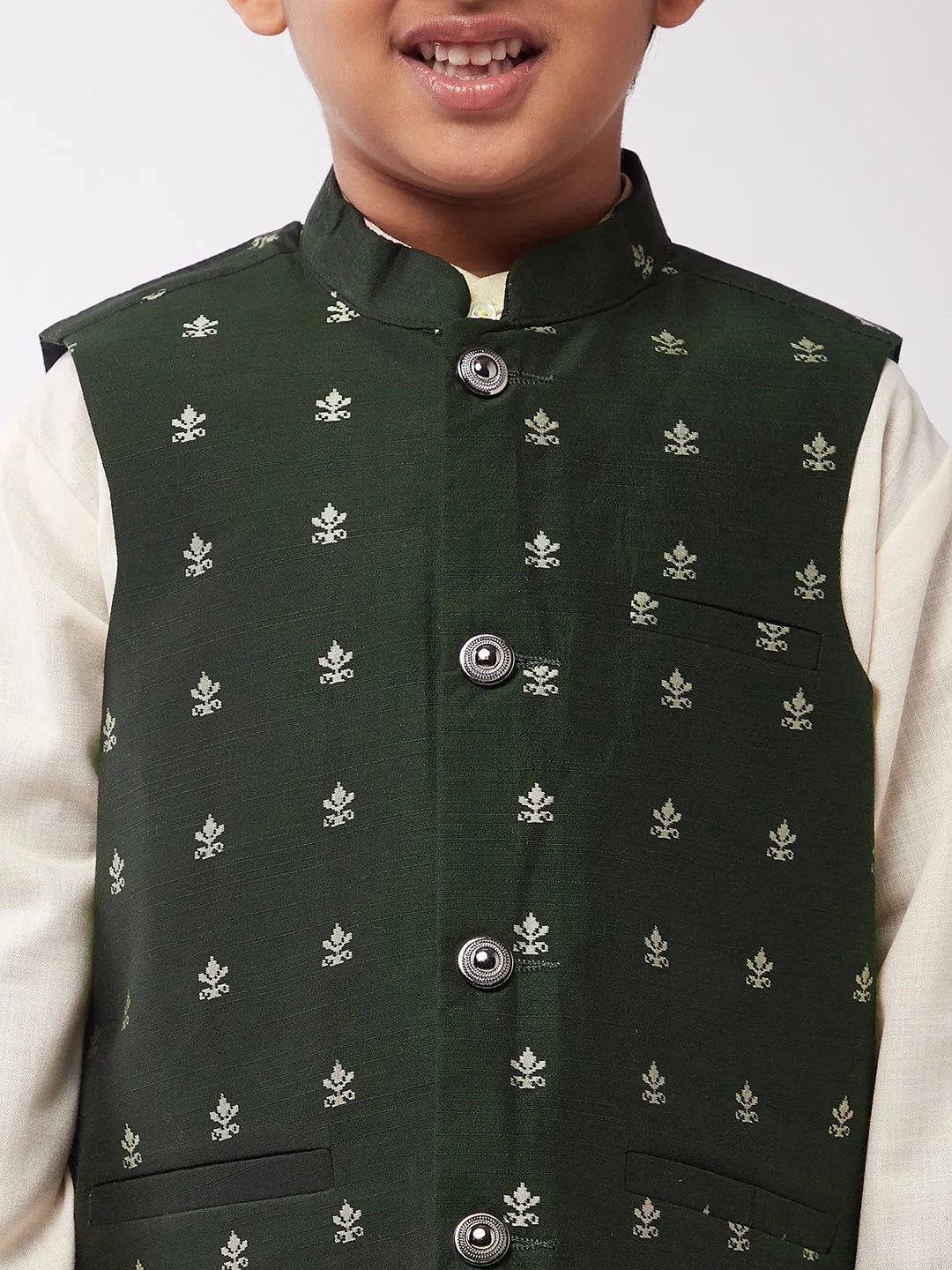 Kid's Cotton Silk Off-White Kurta & Dark Green Nehru Jacket With White Churidar Pyjama Set - Sojanya KID