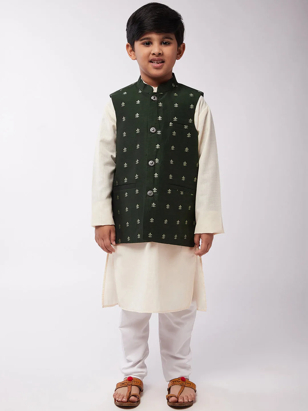 Kid's Cotton Silk Off-White Kurta & Dark Green Nehru Jacket With White Churidar Pyjama Set - Sojanya KID