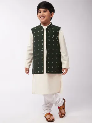 Kid's Cotton Silk Off-White Kurta & Dark Green Nehru Jacket With White Churidar Pyjama Set - Sojanya KID