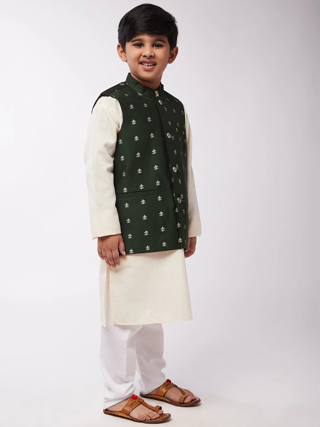 Kid's Cotton Silk Off-White Kurta & Dark Green Nehru Jacket With White Churidar Pyjama Set - Sojanya KID