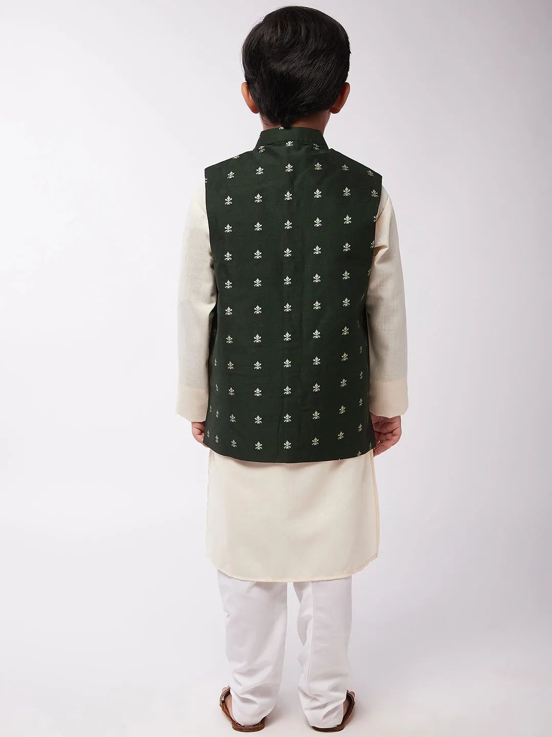 Kid's Cotton Silk Off-White Kurta & Dark Green Nehru Jacket With White Churidar Pyjama Set - Sojanya KID