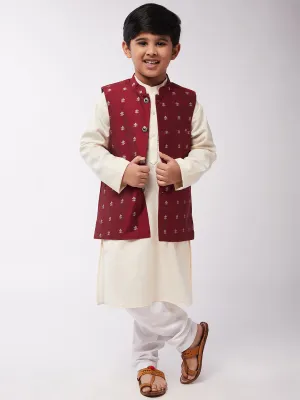 Kid's Cotton Silk Off-White Kurta & Maroon Nehru Jacket With White Churidar Pyjama Set - Sojanya KID