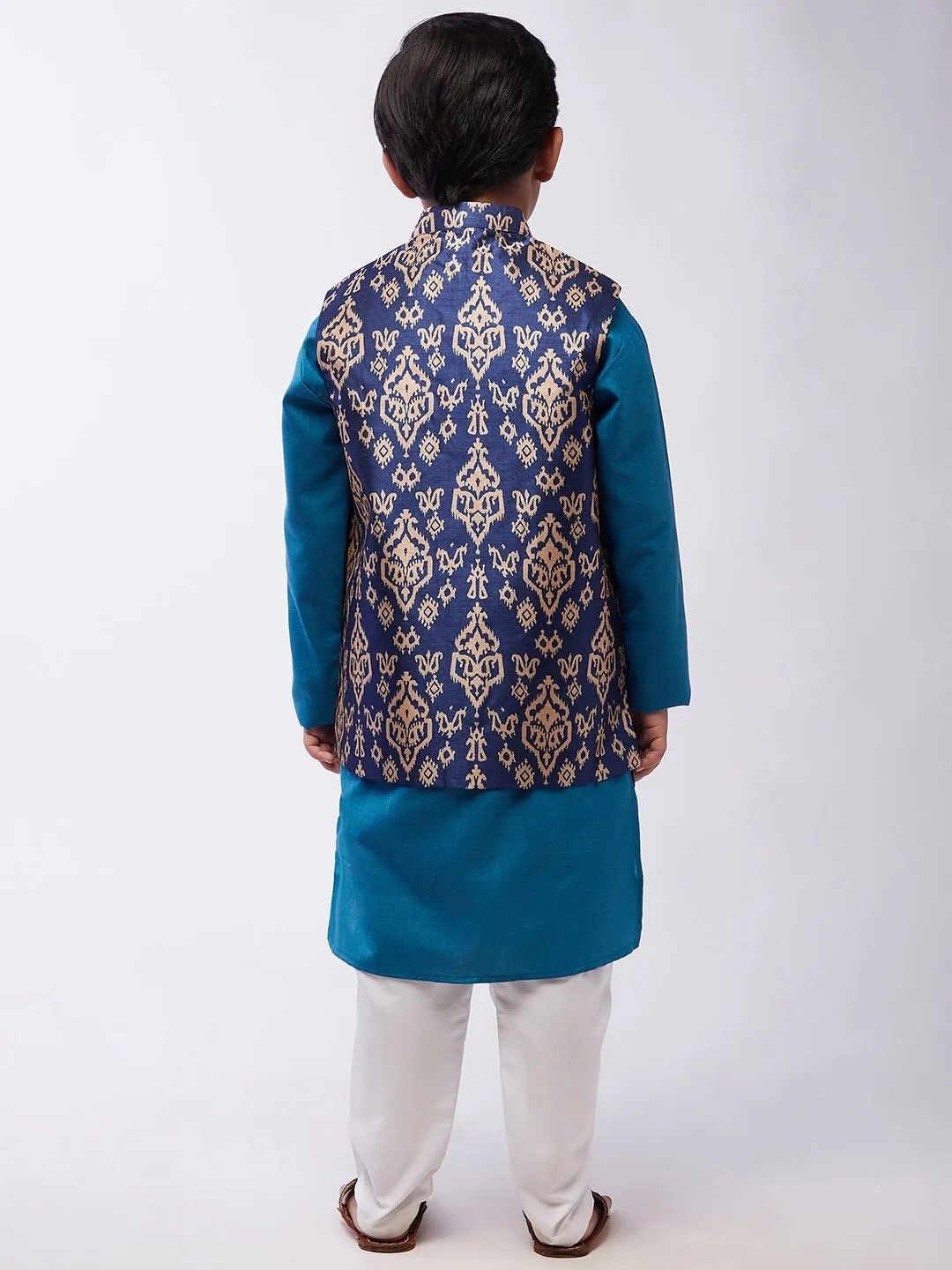 Kid's Cotton Silk Peacock Blue Kurta & Blue Nehru Jacket With White Churidar Pyjama Set  - Sojanya KID