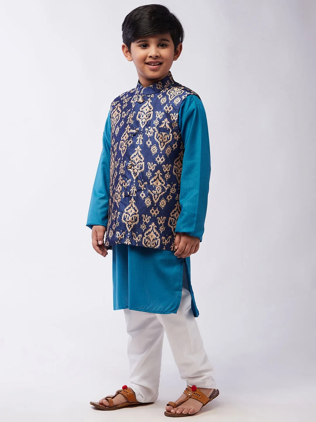 Kid's Cotton Silk Peacock Blue Kurta & Blue Nehru Jacket With White Churidar Pyjama Set  - Sojanya KID