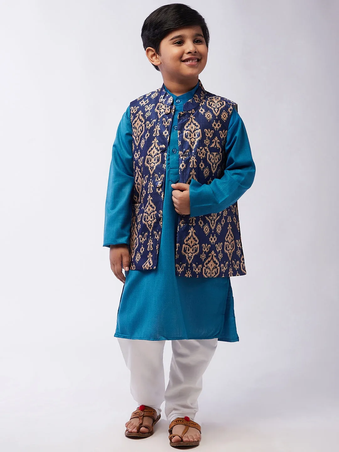 Kid's Cotton Silk Peacock Blue Kurta & Blue Nehru Jacket With White Churidar Pyjama Set  - Sojanya KID