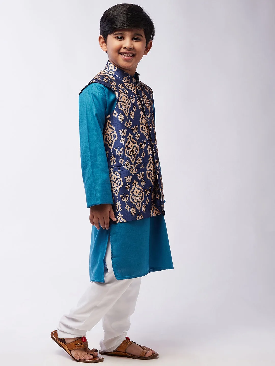 Kid's Cotton Silk Peacock Blue Kurta & Blue Nehru Jacket With White Churidar Pyjama Set  - Sojanya KID