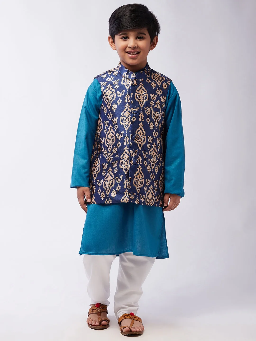 Kid's Cotton Silk Peacock Blue Kurta & Blue Nehru Jacket With White Churidar Pyjama Set  - Sojanya KID