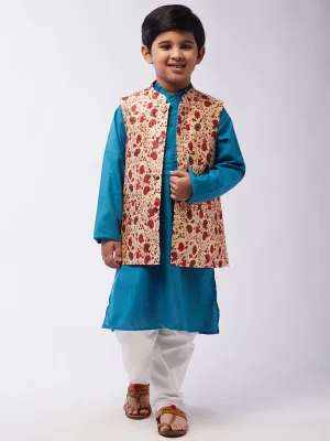 Kid's Cotton Silk Peacock Blue Kurta & Red Nehru Jacket With White Churidar Pyjama Set - Sojanya KID