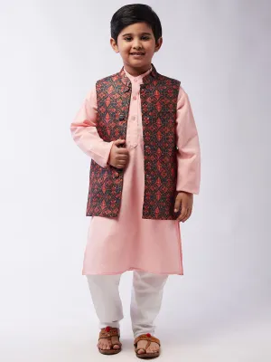 Kid's Cotton Silk Pink Kurta & Multi Nehru Jacket With White Churidar Pyjama Set  - Sojanya KID