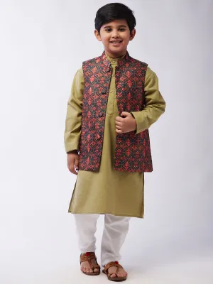 Kid's Cotton Silk Pista Green Kurta & Multi Nehru Jacket With White Churidar Pyjama Set  - Sojanya KID