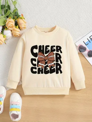 Kids Cute Cheer Graphic Sweatshirt 100% Polyester Crew Neck Medium Stretch Alphabet Print Top for Fall/Winter - Casual Long Sleeve Knit Fabric Pullover for Girls 12 and Under