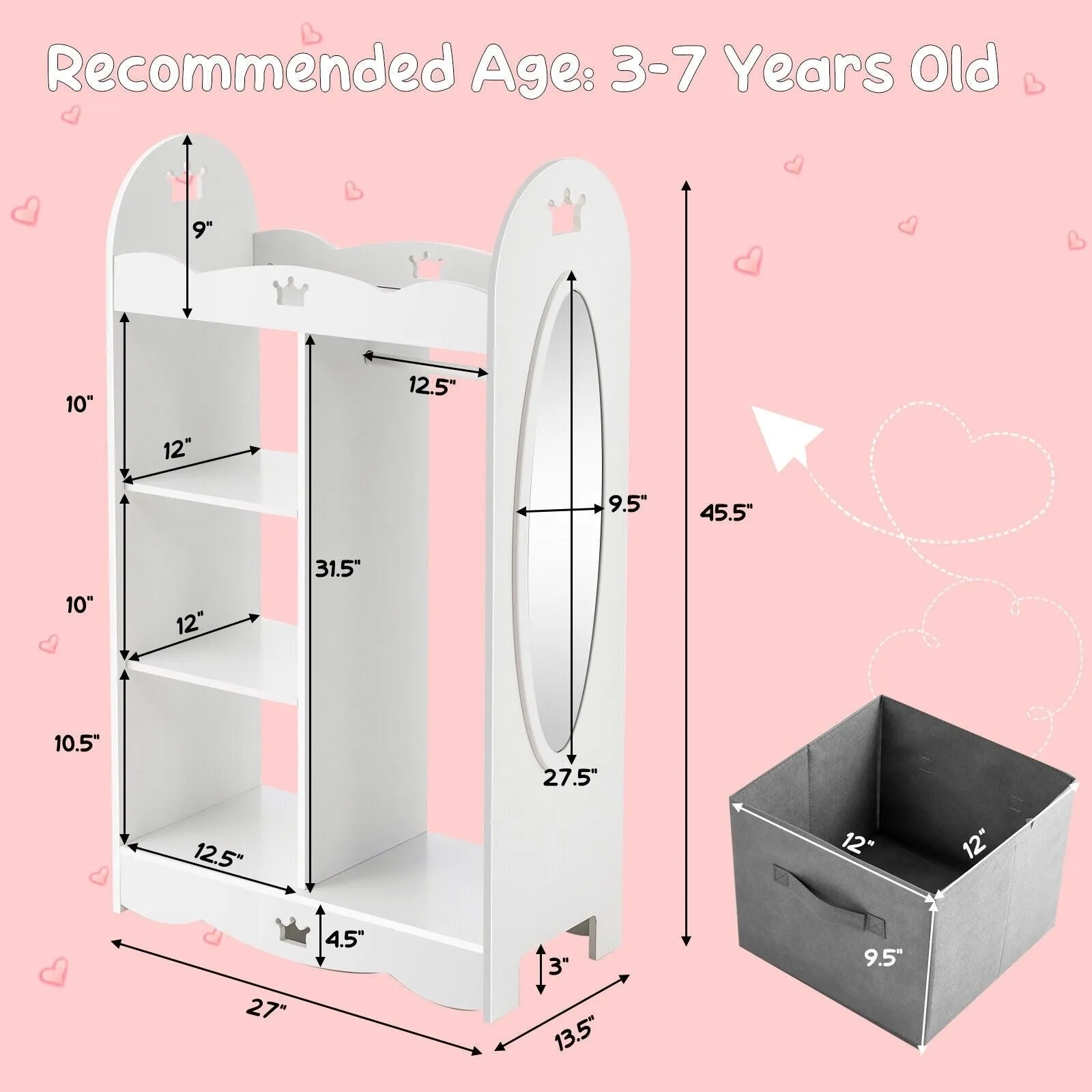 Kids Dress up Storage Costume Closet with Mirror and Toy Bins - White