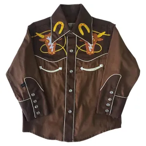 Kid's Embroidered 2-Tone Steer Western Shirt in Brown