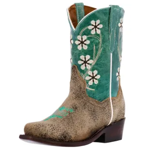 Kids FLR3 Teal Western Cowboy Boots Floral Leather - Snip Toe