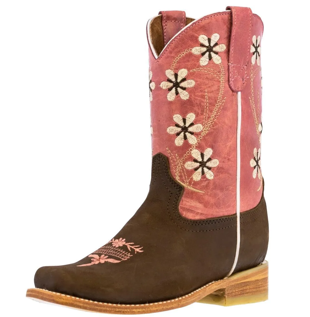 Kids FLR8 Pink Western Cowboy Boots Floral Leather - Square Toe