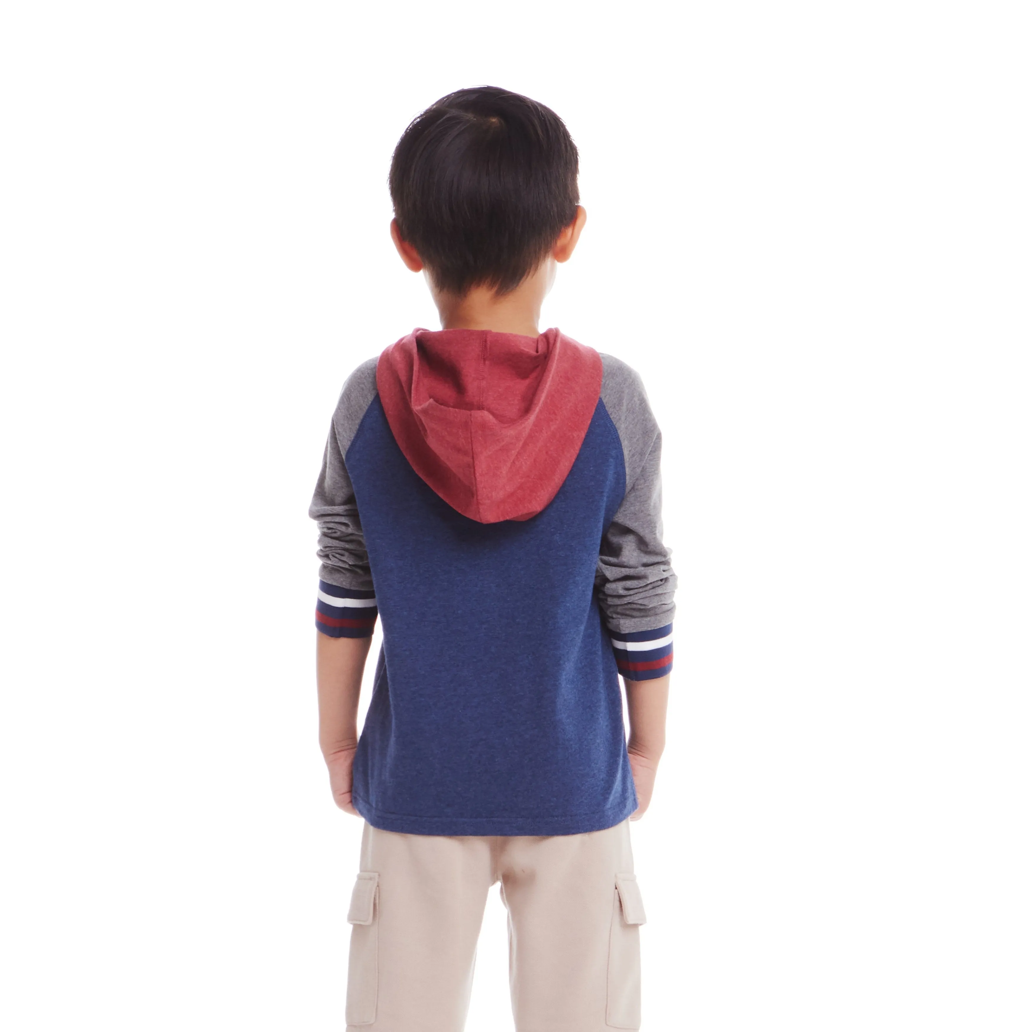 Kids Hooded Colorblocked Jersey Tee | Red Navy & Heater Grey