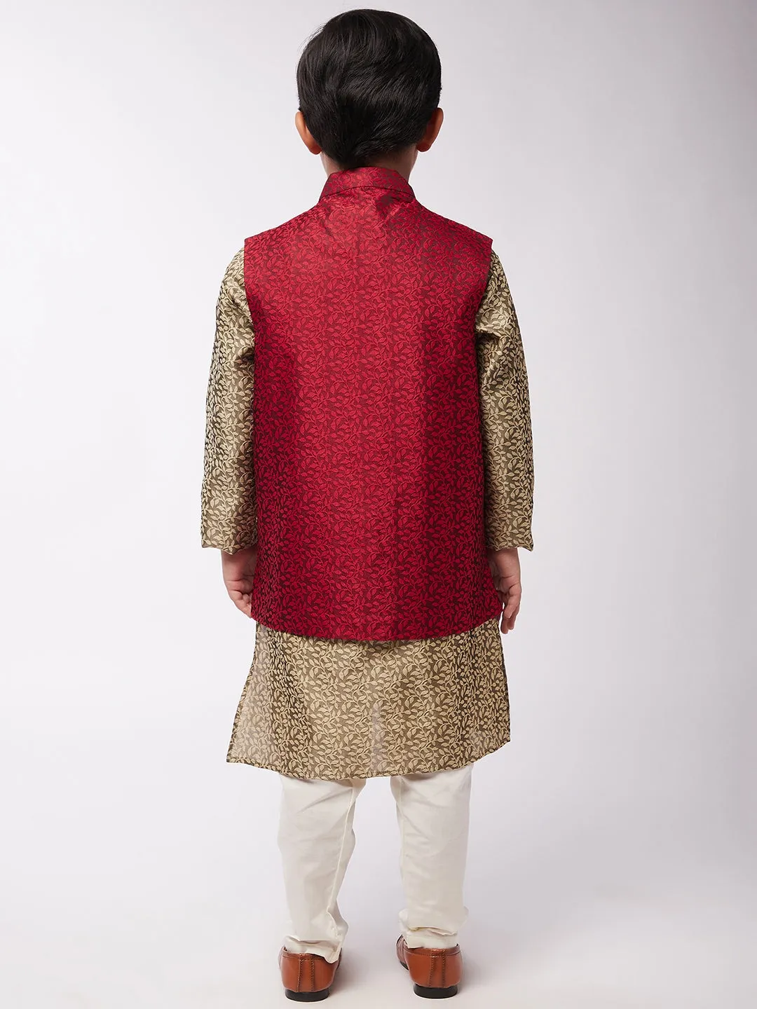 Kid's Jacquard Silk Beige Kurta & Red Nehrujacket With Off-White Churidar Pyjama Set  - Sojanya KID