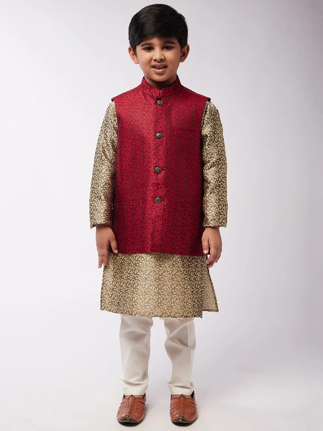 Kid's Jacquard Silk Beige Kurta & Red Nehrujacket With Off-White Churidar Pyjama Set  - Sojanya KID