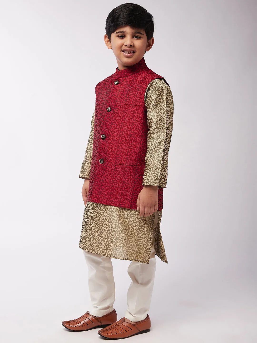 Kid's Jacquard Silk Beige Kurta & Red Nehrujacket With Off-White Churidar Pyjama Set  - Sojanya KID