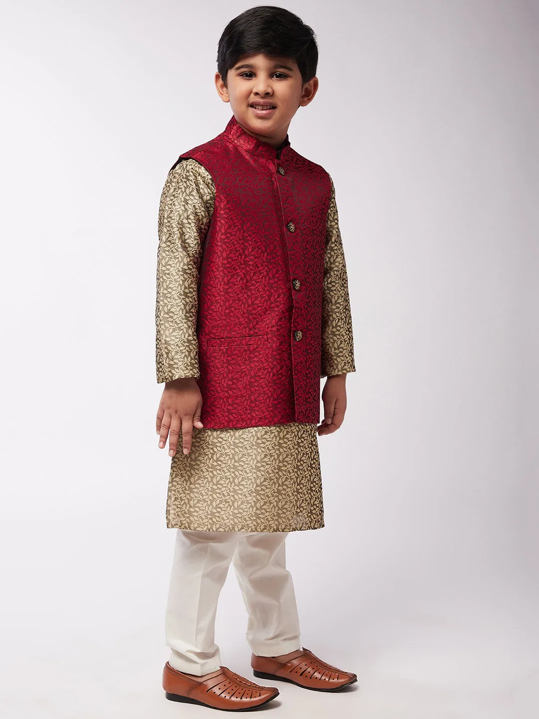 Kid's Jacquard Silk Beige Kurta & Red Nehrujacket With Off-White Churidar Pyjama Set  - Sojanya KID