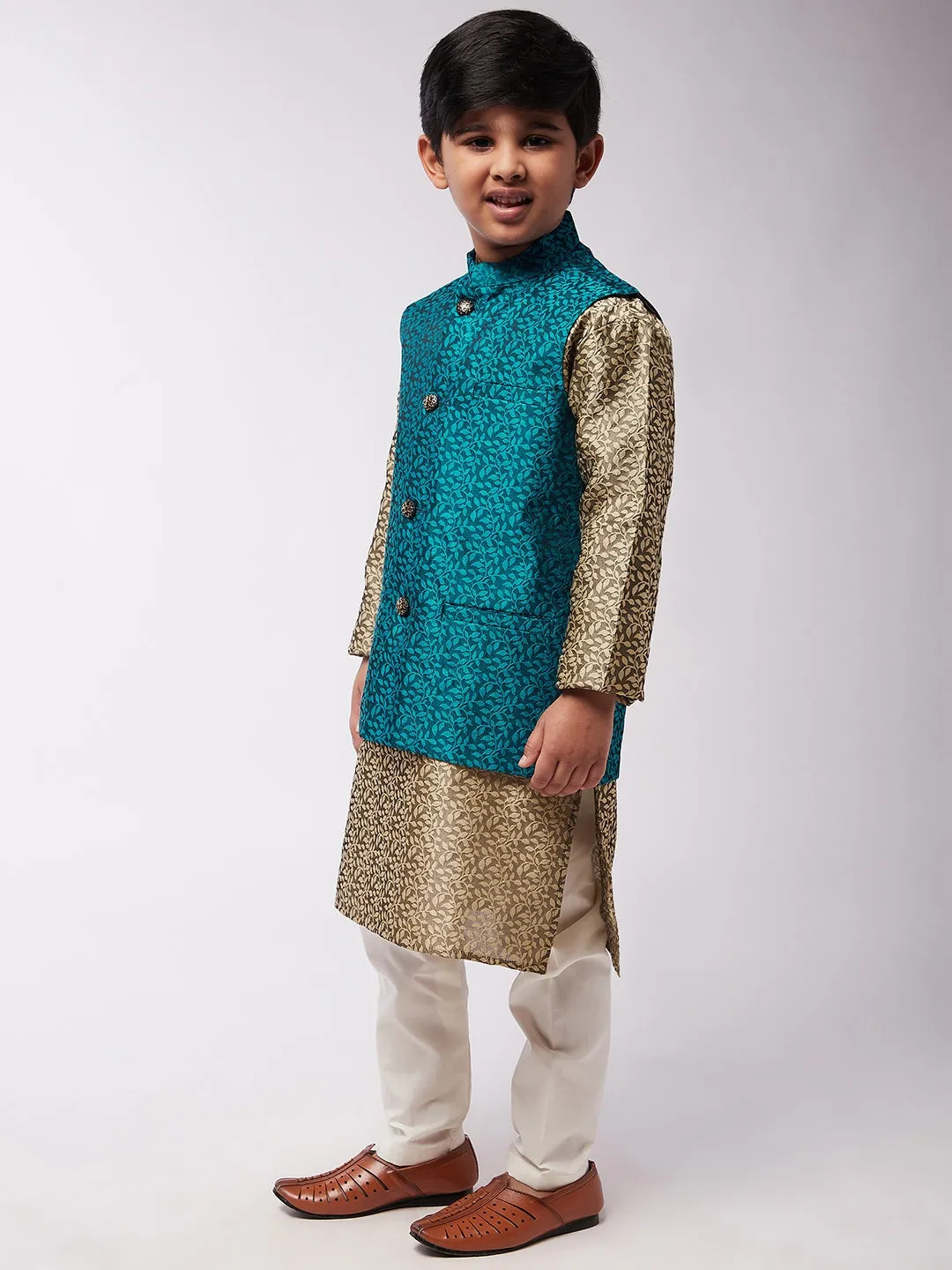 Kid's Jacquard Silk Beige Kurta & Turquoise Blue Nehrujacket With Off-White Churidar Pyjama Set - Sojanya KID