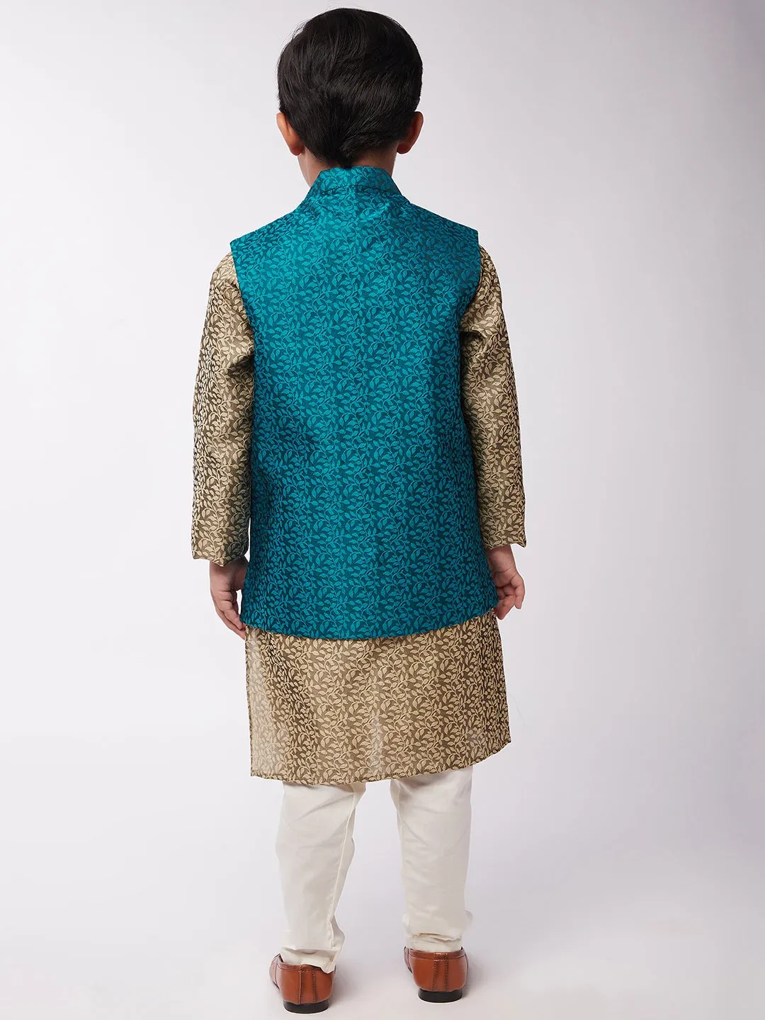 Kid's Jacquard Silk Beige Kurta & Turquoise Blue Nehrujacket With Off-White Churidar Pyjama Set - Sojanya KID