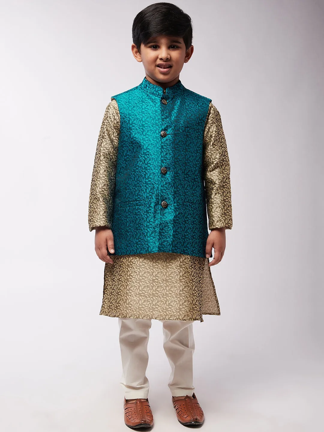 Kid's Jacquard Silk Beige Kurta & Turquoise Blue Nehrujacket With Off-White Churidar Pyjama Set - Sojanya KID