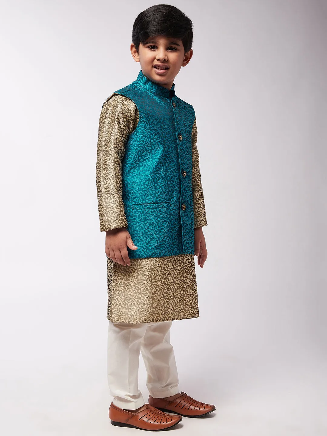 Kid's Jacquard Silk Beige Kurta & Turquoise Blue Nehrujacket With Off-White Churidar Pyjama Set - Sojanya KID