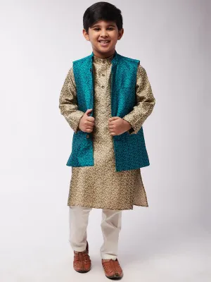 Kid's Jacquard Silk Beige Kurta & Turquoise Blue Nehrujacket With Off-White Churidar Pyjama Set - Sojanya KID