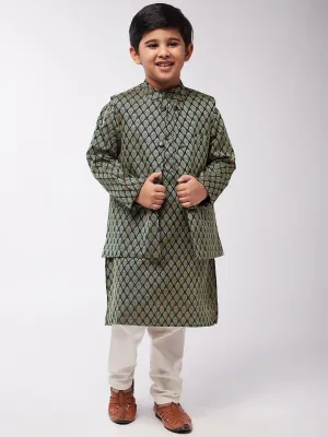 Kid's Jacquard Silk Dark Green Kurta & Dark Green Nehrujacket With Off-White Churidaar Pyjama Combo - Sojanya KID