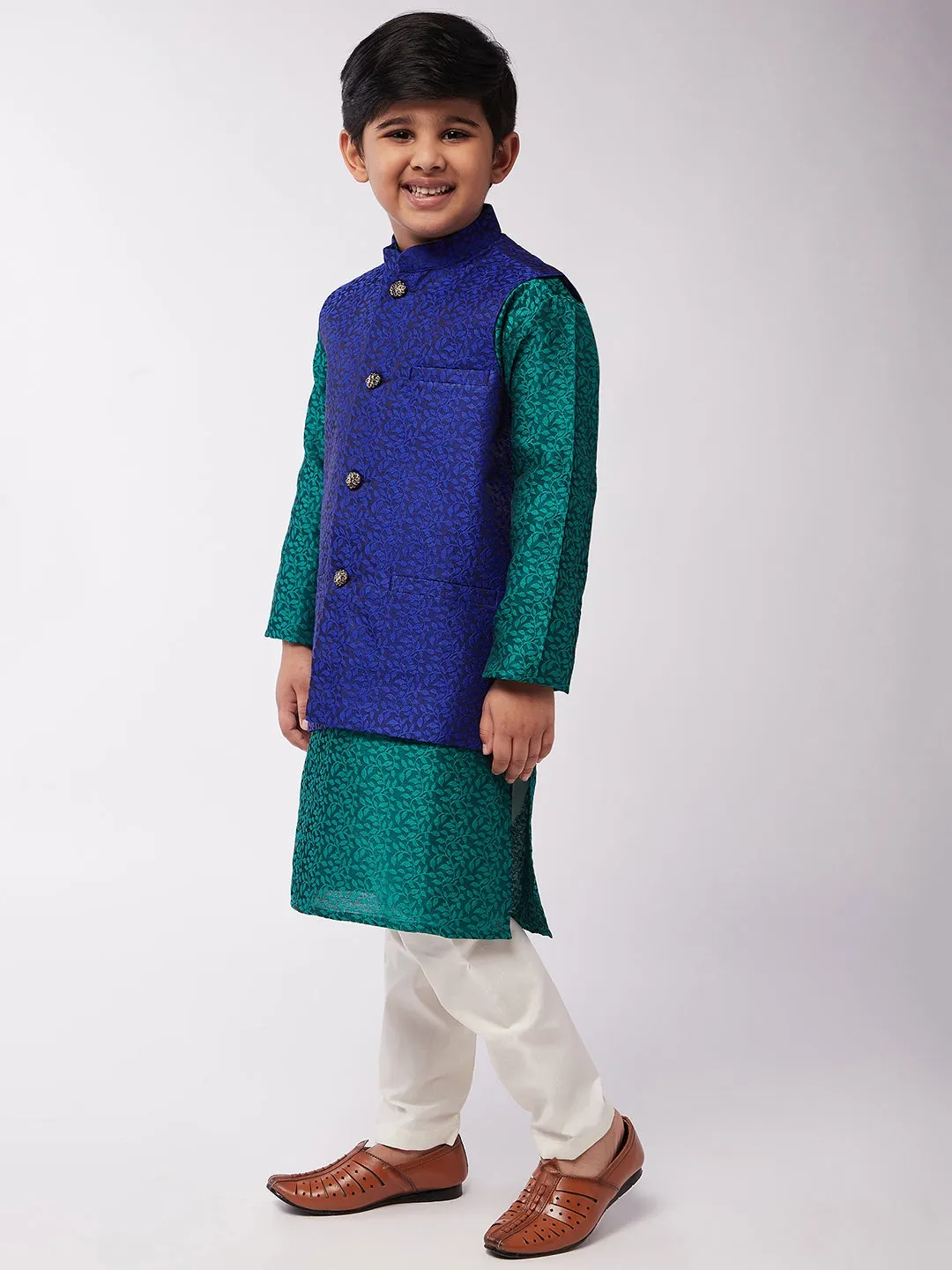 Kid's Jacquard Silk Dark Green Kurta & RBlue Nehrujacket With Off-White Churidar Pyjama Set  - Sojanya KID