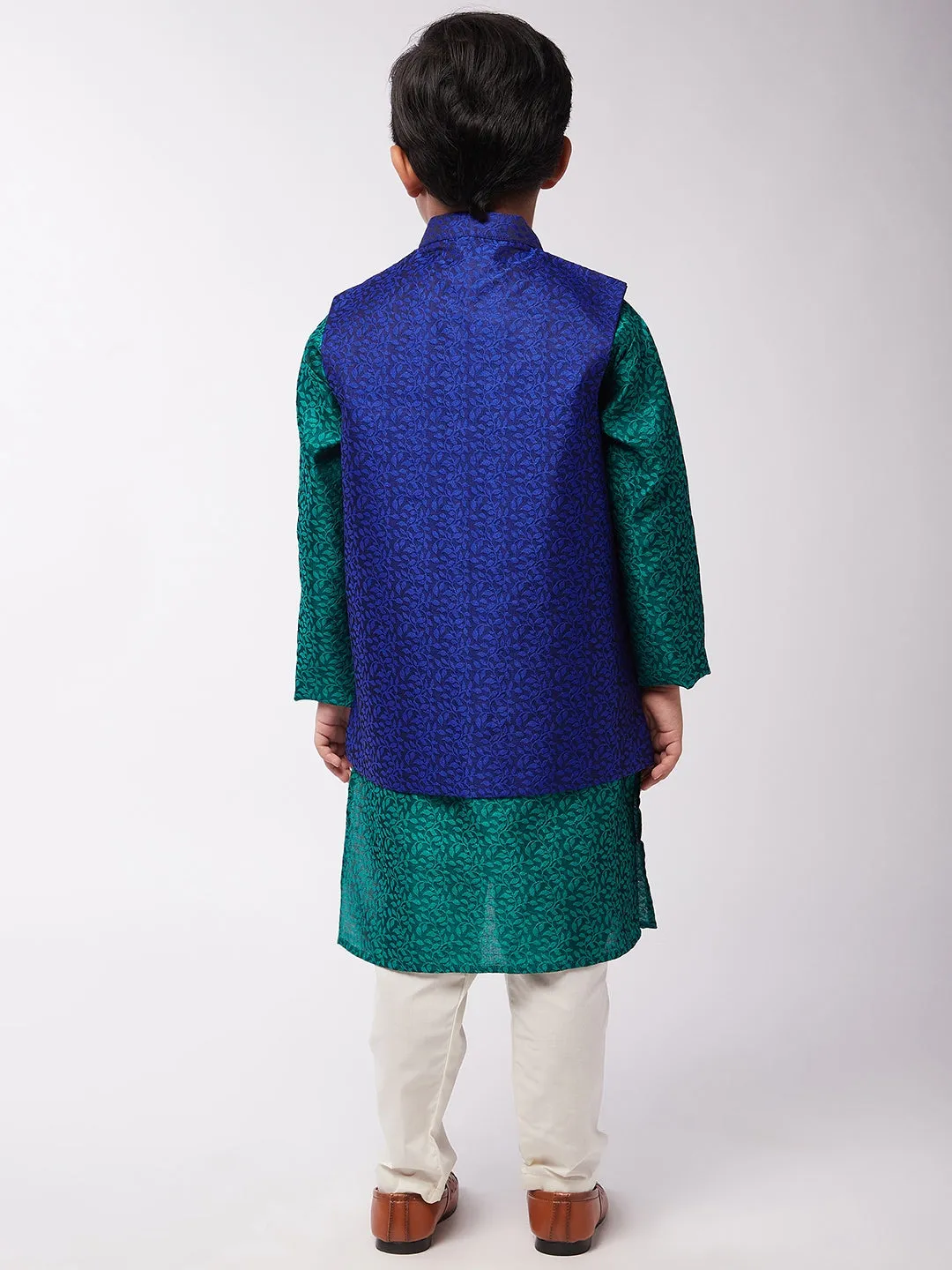 Kid's Jacquard Silk Dark Green Kurta & RBlue Nehrujacket With Off-White Churidar Pyjama Set  - Sojanya KID