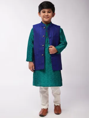 Kid's Jacquard Silk Dark Green Kurta & RBlue Nehrujacket With Off-White Churidar Pyjama Set  - Sojanya KID