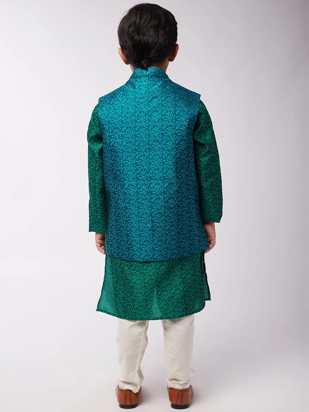 Kid's Jacquard Silk Dark Green Kurta & Turquoise Blue Nehrujacket With Off-White Churidar Pyjama Set - Sojanya KID