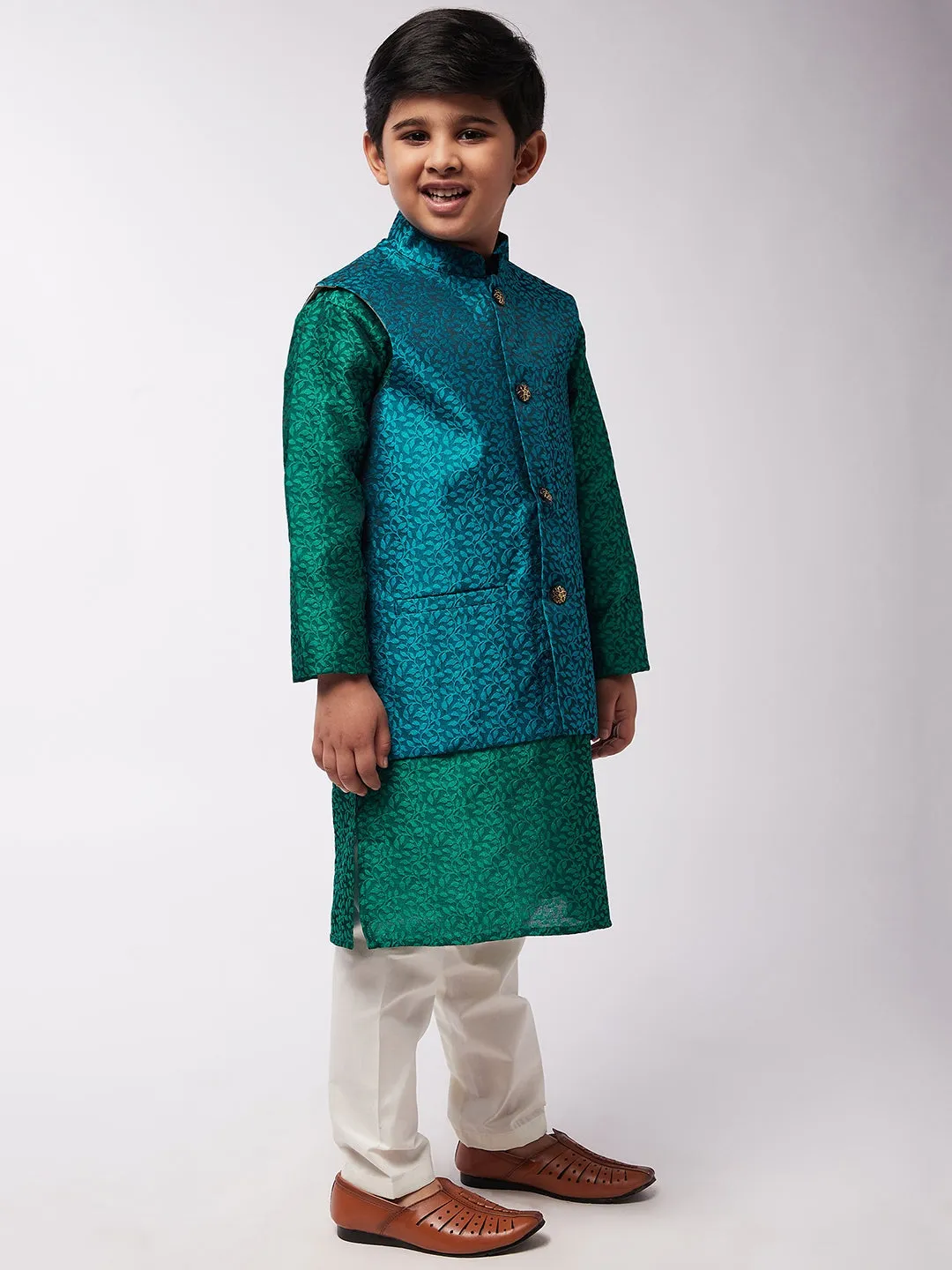 Kid's Jacquard Silk Dark Green Kurta & Turquoise Blue Nehrujacket With Off-White Churidar Pyjama Set - Sojanya KID