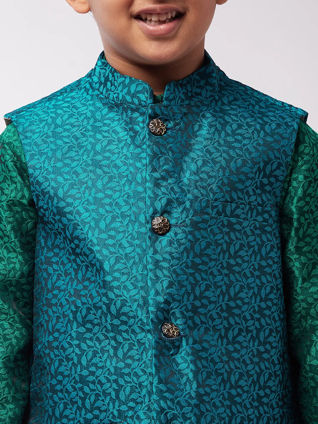 Kid's Jacquard Silk Dark Green Kurta & Turquoise Blue Nehrujacket With Off-White Churidar Pyjama Set - Sojanya KID