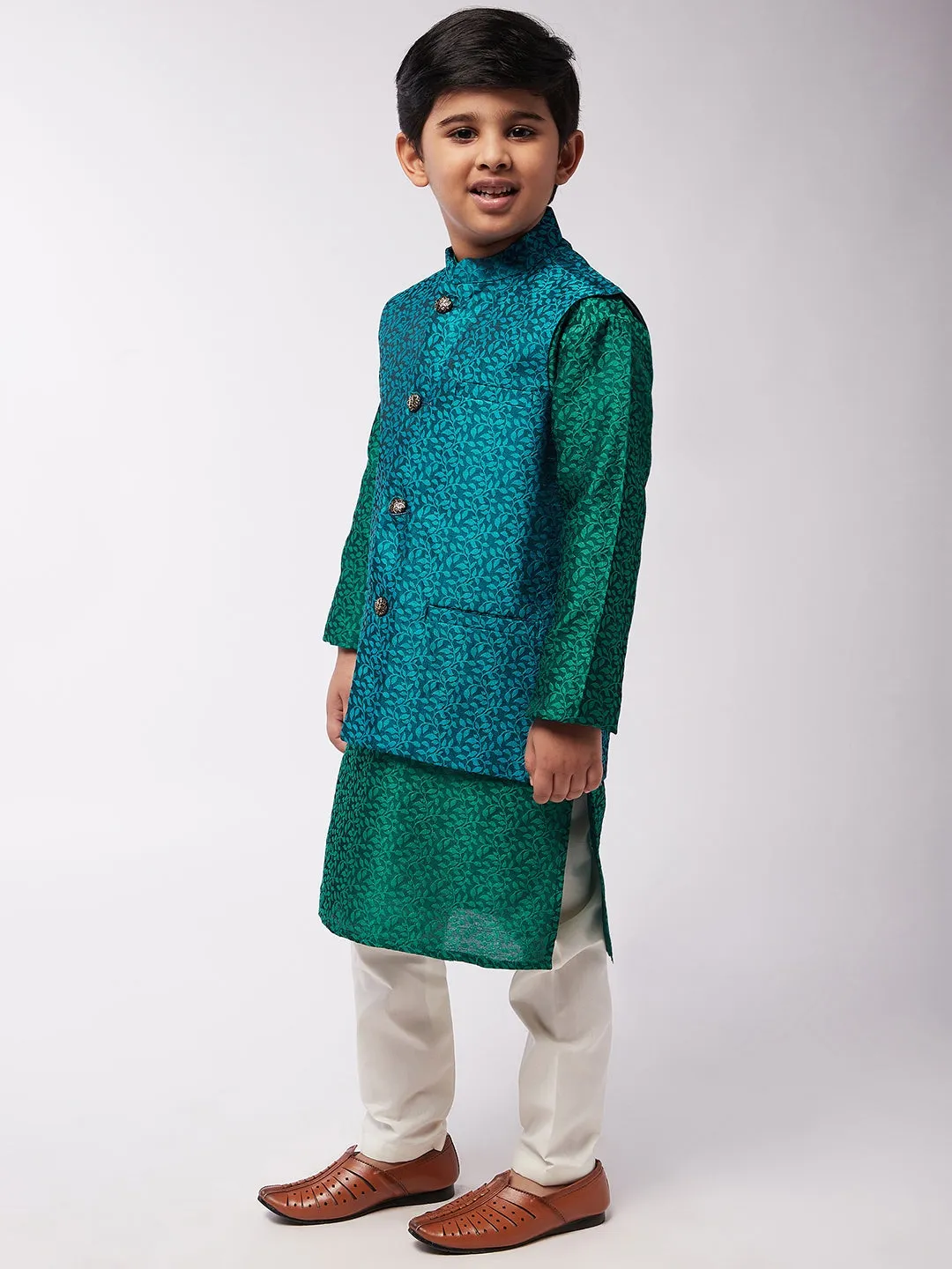 Kid's Jacquard Silk Dark Green Kurta & Turquoise Blue Nehrujacket With Off-White Churidar Pyjama Set - Sojanya KID