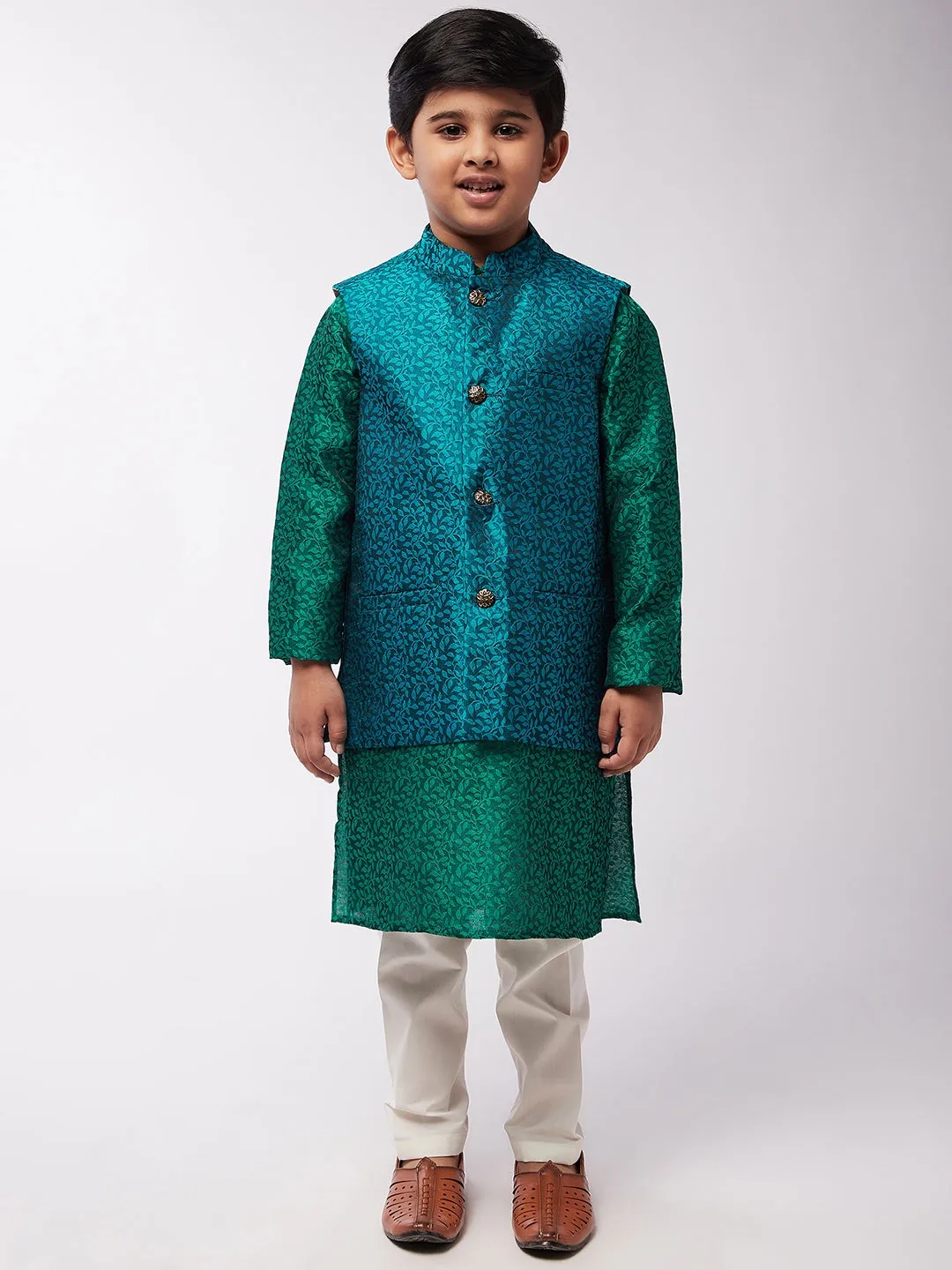 Kid's Jacquard Silk Dark Green Kurta & Turquoise Blue Nehrujacket With Off-White Churidar Pyjama Set - Sojanya KID