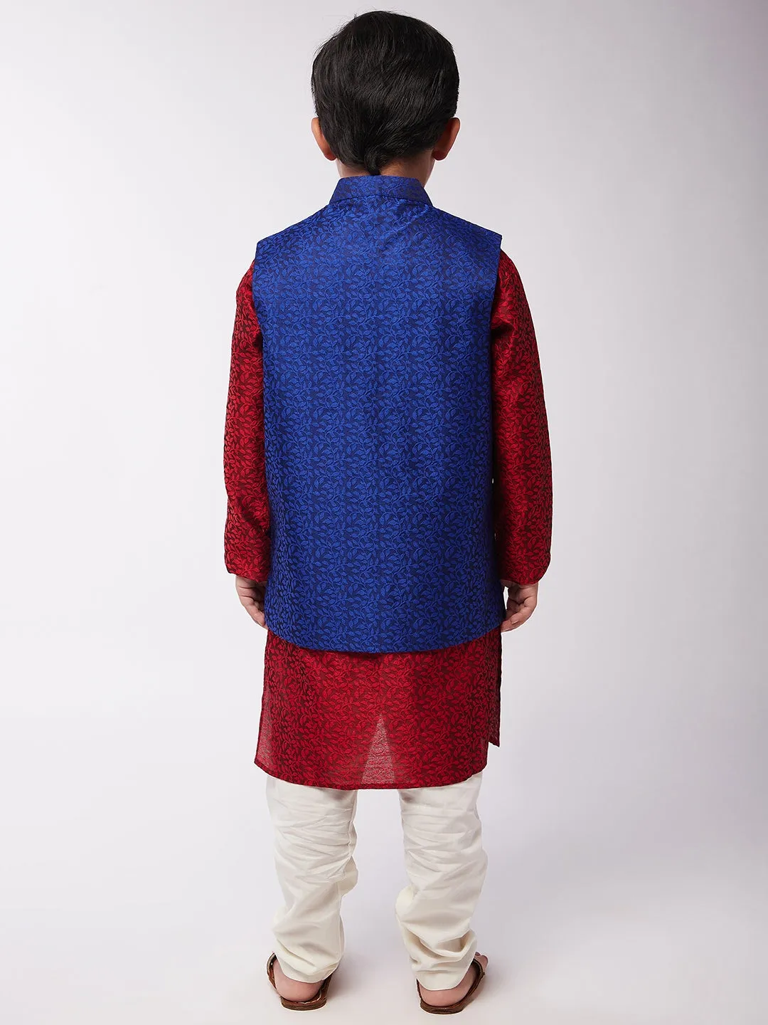 Kid's Jacquard Silk Maroon Kurta & RBlue Nehrujacket With Off-White Churidar Pyjama Set  - Sojanya KID