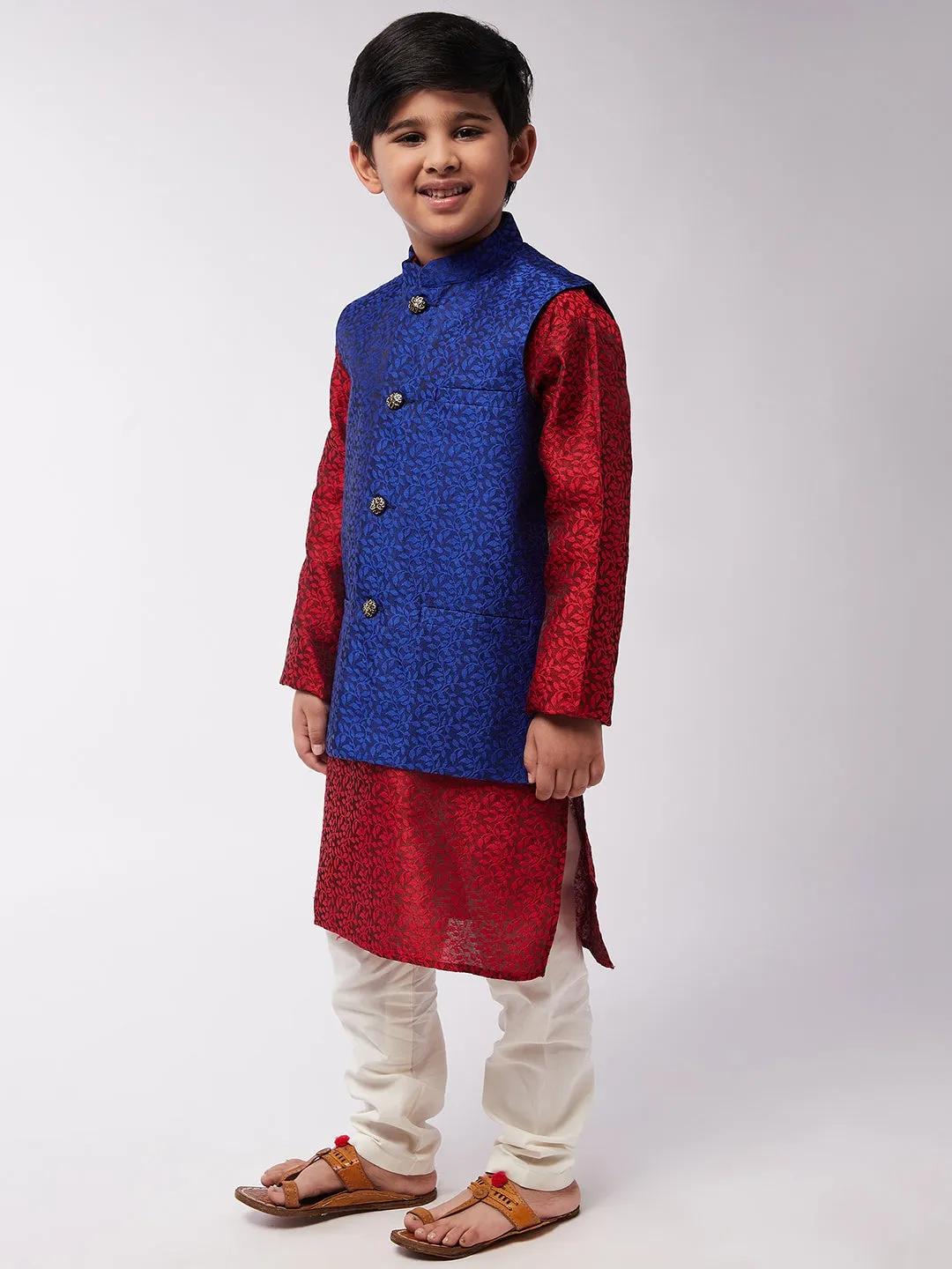 Kid's Jacquard Silk Maroon Kurta & RBlue Nehrujacket With Off-White Churidar Pyjama Set  - Sojanya KID