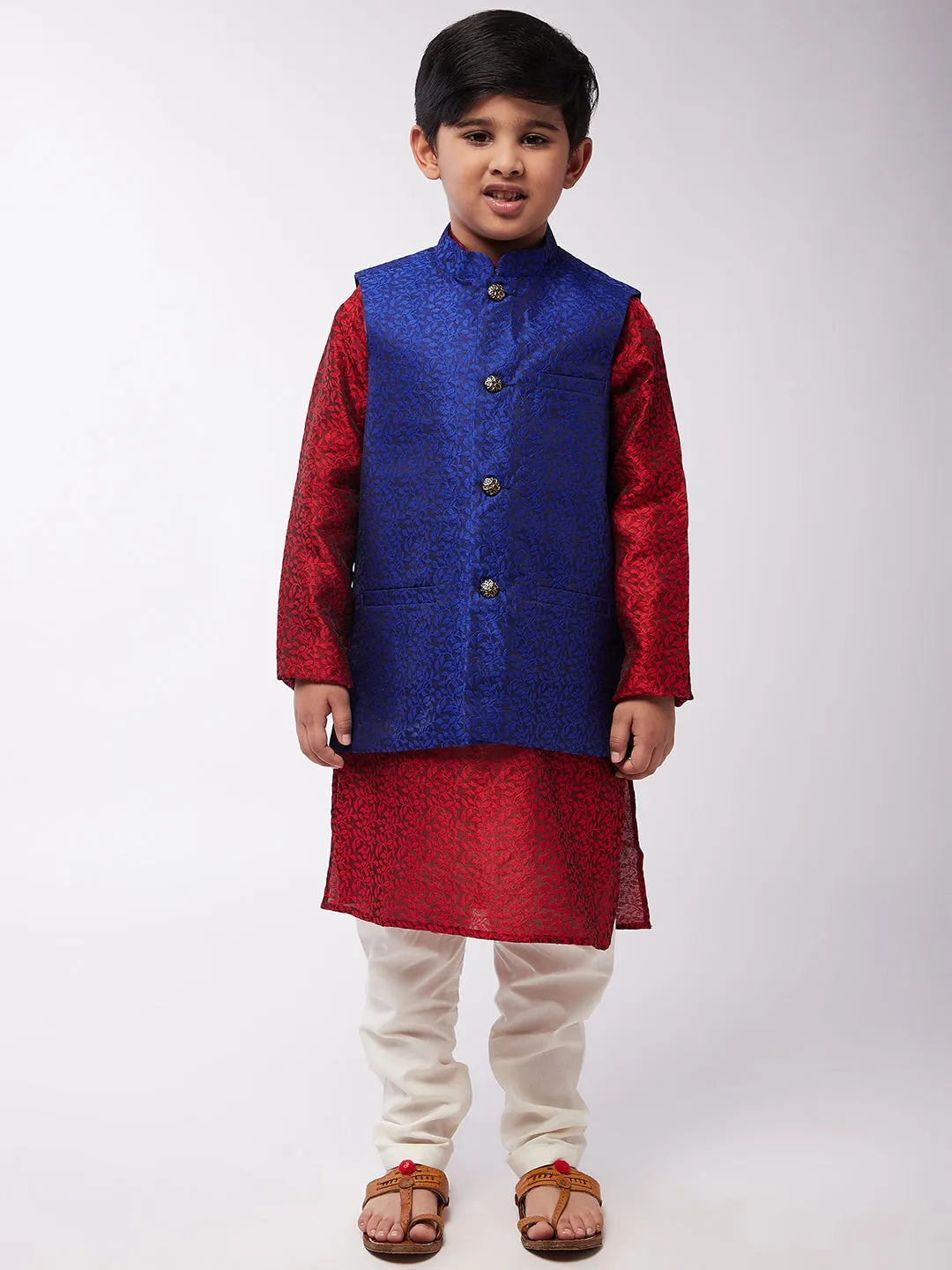 Kid's Jacquard Silk Maroon Kurta & RBlue Nehrujacket With Off-White Churidar Pyjama Set  - Sojanya KID